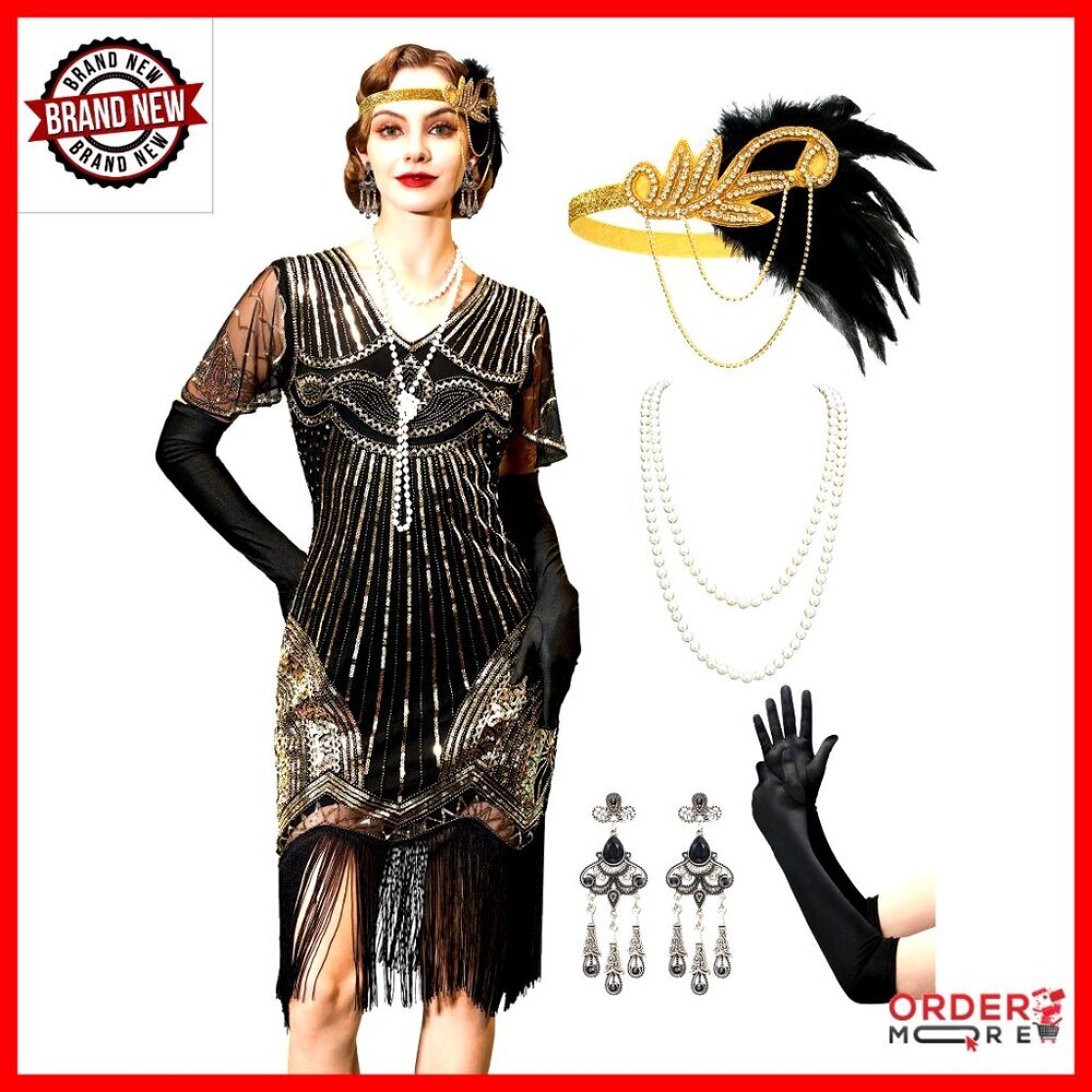 1920s Flapper Dress with Beaded Sleeves, Fringe Hem, and Accessory Set